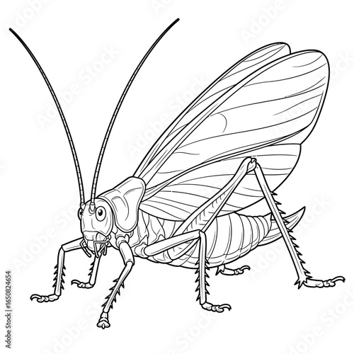 Cute Anime Style Amazon Katydid Coloring Page for Kids Black and White Tropical Insect Art