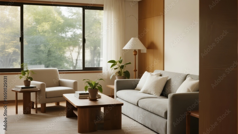 Fototapeta premium Modern Living Room with Natural Light and Minimalist Furniture