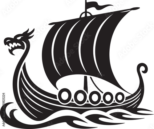 Black Viking Ship Icon with sail and oars, presented in a clean flat vector style
