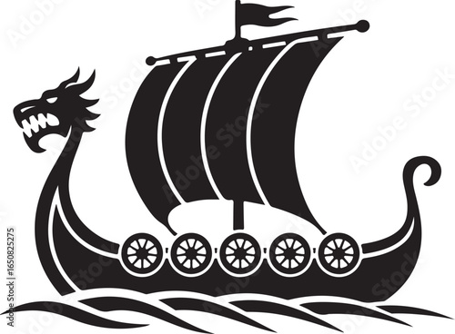 Black Viking Ship Icon with sail and oars, presented in a clean flat vector style