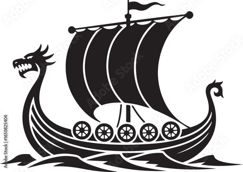 Black Viking Ship Icon with sail and oars, presented in a clean flat vector style