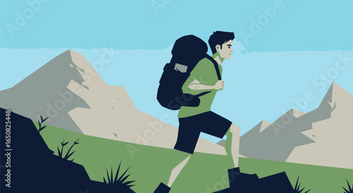 Vector illustration of a determined young hiker with a backpack climbing a scenic mountain trail on an adventure