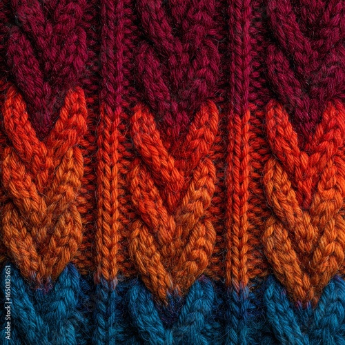 Close-up of a colorful knit texture, showcasing a beautiful pattern of interwoven fibers in various hues. This image is a perfect representation of textile design.