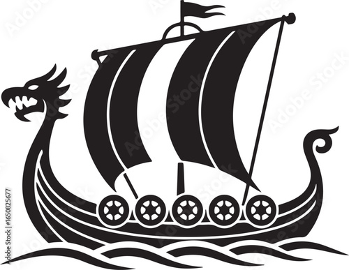 Black Viking Ship Icon with sail and oars, presented in a clean flat vector style