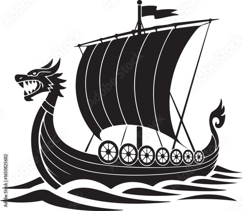 Black Viking Ship Icon with sail and oars, presented in a clean flat vector style