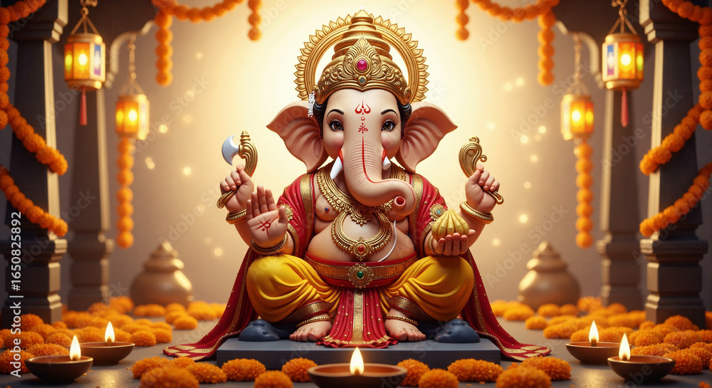 Fototapeta premium Majestic Ganesha on a Throne with Diyas
