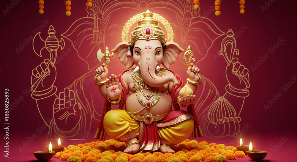 Fototapeta premium Golden Ganesha on a Decorative Red Backdrop