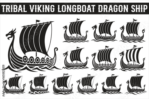 Black Viking Ship Icon with sail and oars, presented in a clean flat vector style