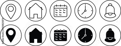 Simple Black with Time, Calendar, and Location Icons. Calendar, clock, location and map. Simple flat vector illustrations collection for web
