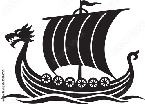 Black Viking Ship Icon with sail and oars, presented in a clean flat vector style