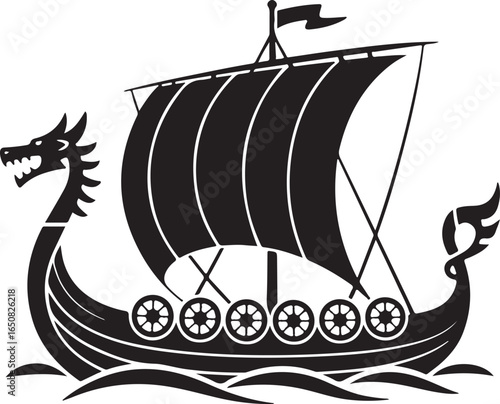 Black Viking Ship Icon with sail and oars, presented in a clean flat vector style