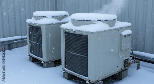 Two outdoor HVAC units covered in snow, with one actively emitting steam during cold winter weather.