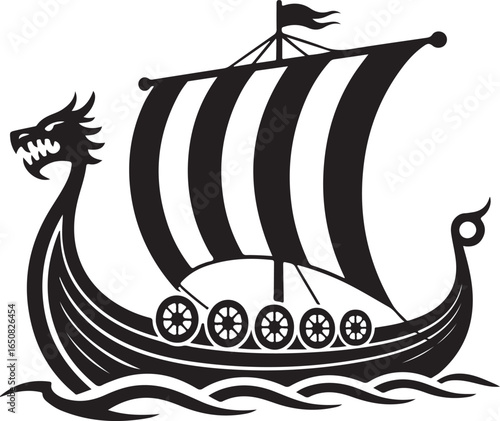 Black Viking Ship Icon with sail and oars, presented in a clean flat vector style