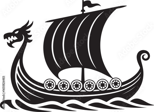 Black Viking Ship Icon with sail and oars, presented in a clean flat vector style