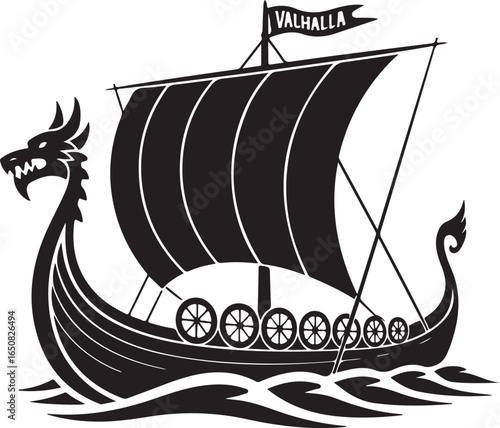 Black Viking Ship Icon with sail and oars, presented in a clean flat vector style