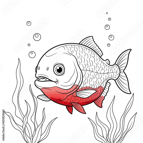 Amazon Red-bellied Piranha Anime Style Coloring Page for Kids Black White Aquatic Animal Art