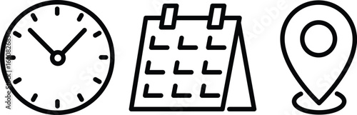 Time, date and address icon set. Map and notification bell icons. Calendar, clock, map pin, reminder. Notice alert, Notification, schedule, time clock vector illustration
