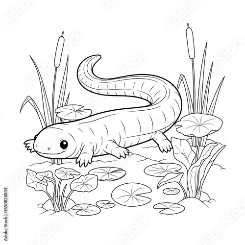 Amazon Rio Magdalena Caecilian Anime Style Coloring Page for Kids Black White Amphibian Art