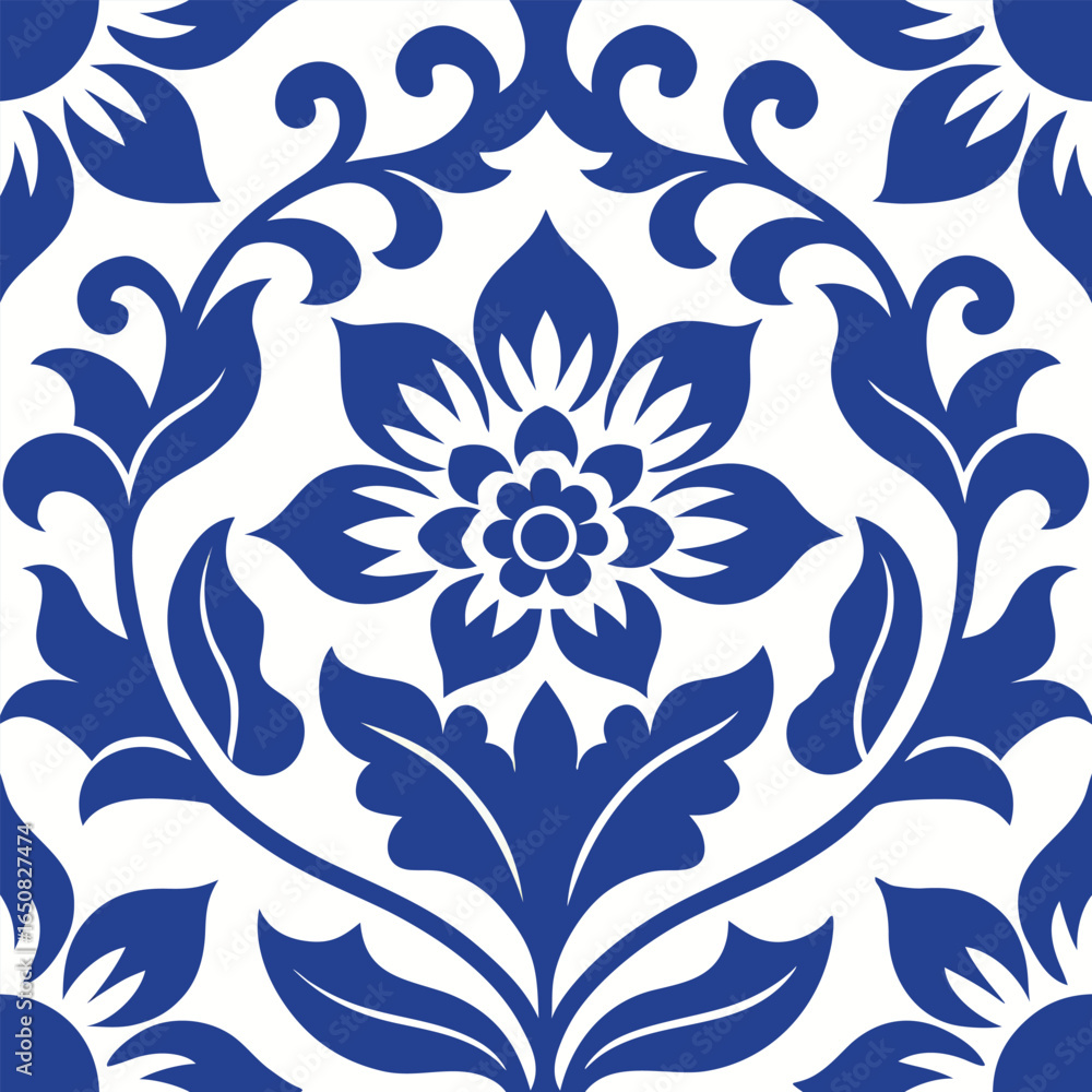 Fototapeta premium Blue and white floral damask seamless pattern vector