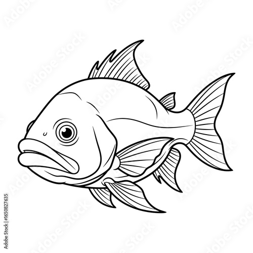 Cute Anime Style Amazon Tambaqui Fish Coloring Page for Kids Black and White River Fish Art