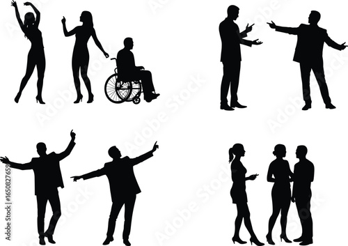 Silhouettes of diverse people, interacting, dancing, communicating, posing, wheelchair, business, social, shadow, illustration, group, figures, conversation