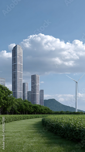 Wallpaper Mural Eco-Friendly City Skyline with AI Data Overlays and Green Landscape Torontodigital.ca