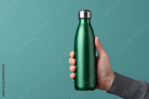 Wallpaper Mural Hand Holding Sleek Dark Green Metal Water Bottle on Teal Background Torontodigital.ca