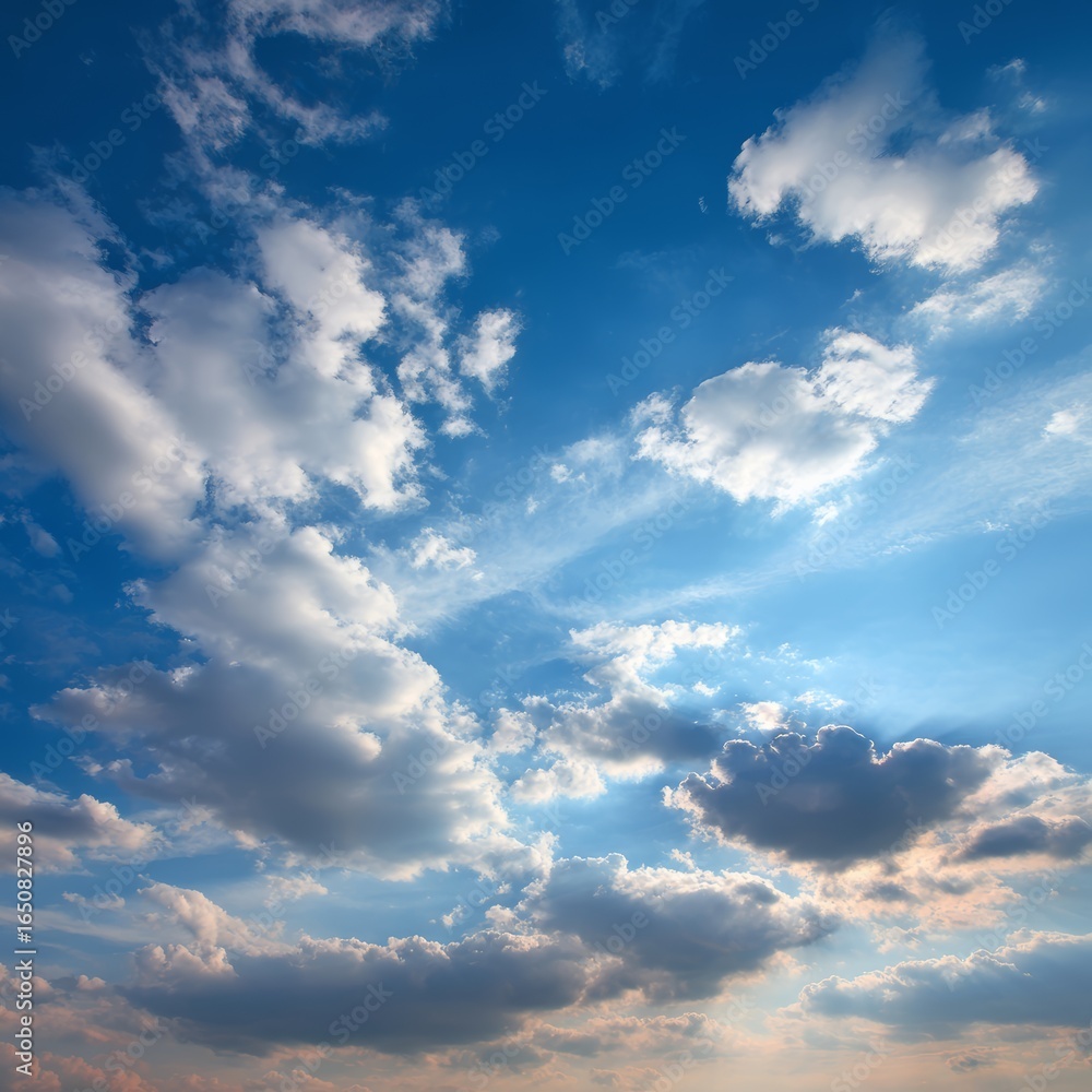 Fototapeta premium A vibrant blue sky filled with fluffy white clouds, creating a sense of peace and tranquility