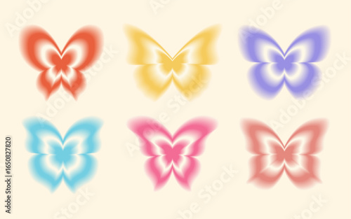 Blurred gradient butterflies in Y2k style. Set of soft aura butterflies. Butterfly shapes in trendy retro style.