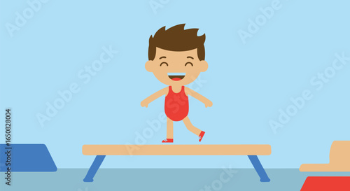 Vector illustration of a cheerful young boy in a red leotard practicing on a balance beam, representing children's gymnastics and athletic activities