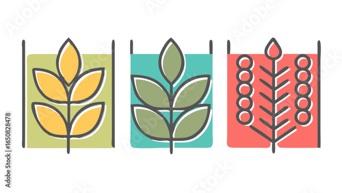 Three unique stylized flat design botanical icons showcasing diverse plant types, including cereal grains and foliage, representing natural growth.