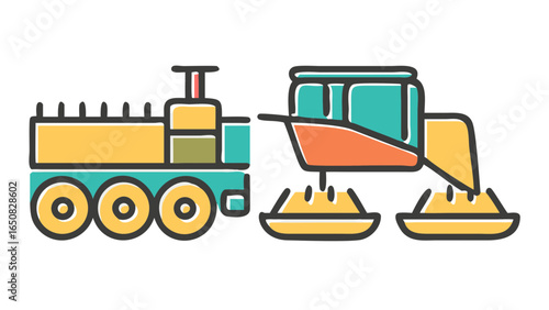 A vibrant cartoon illustration portrays a modern agricultural combine harvester actively harvesting crops connected to a farm tractor.