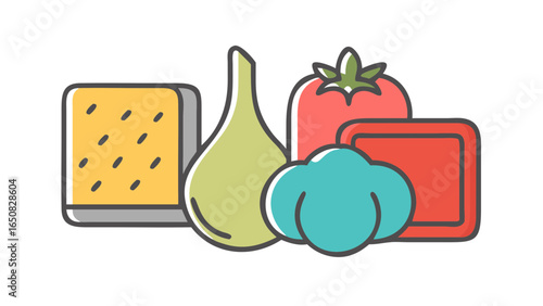 Vibrant culinary illustration showcasing a diverse collection of healthy fresh groceries and essential kitchen staple food ingredients