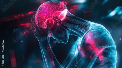 Artistic X-ray depiction of a person in pain, with vibrant red and blue highlighting affected areas