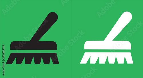 Flat icon of a scrubbing brush with angled handle, shown in black and white versions on a green background.