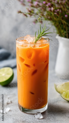 Refreshing orange drink with ice and lime slices