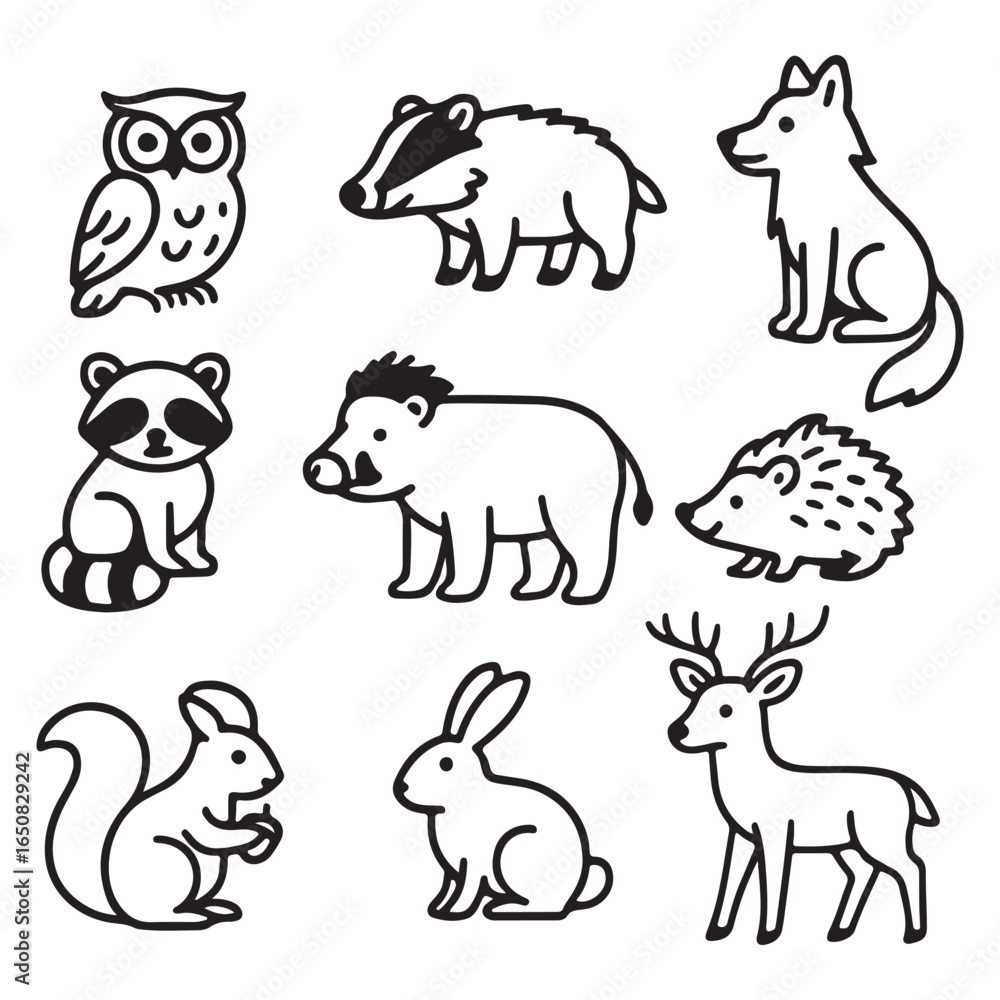 Fototapeta premium Wild Forest Animals Cartoon Vector Set Silhouette Outline