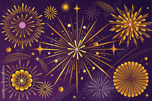 Golden Fireworks Display on Purple Background celebration