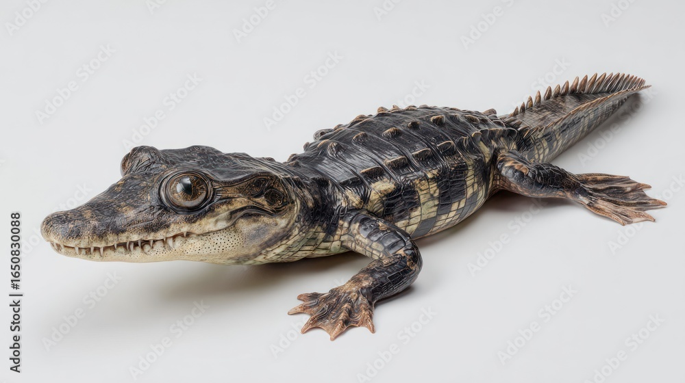 Naklejka premium A juvenile crocodilian, dark brown and tan, is shown in a three-quarter view against a bright white background. Its textured skin and small size are clearly visible