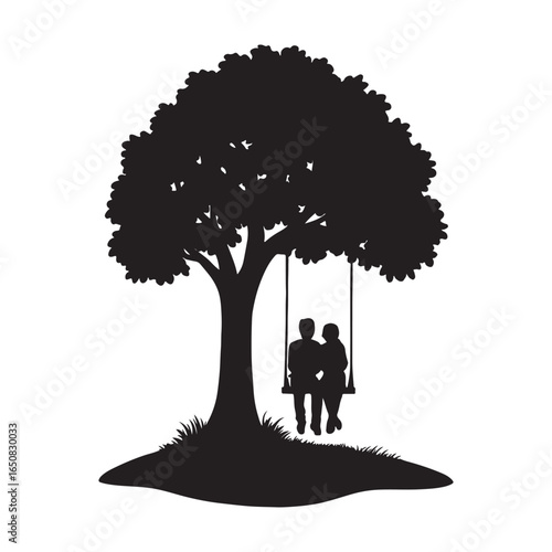 Tree Swing Couple Silhouette Romantic Vector Illustration