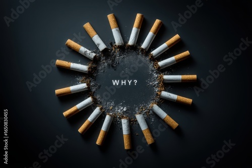 Artistic Arrangement of Burnt Cigarettes Forming a Circle with Dramatic Lighting for Impact