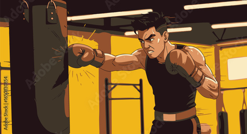 A focused and powerful male boxer training intensely in a gym, delivering a strong punch to a heavy bag