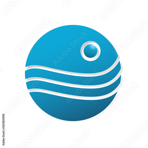 Abstract blue circle logo with waves and sun icon