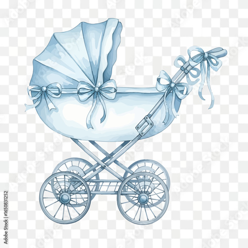 Classic light blue baby carriage with a foldable hood and decorative bows watercolor style.