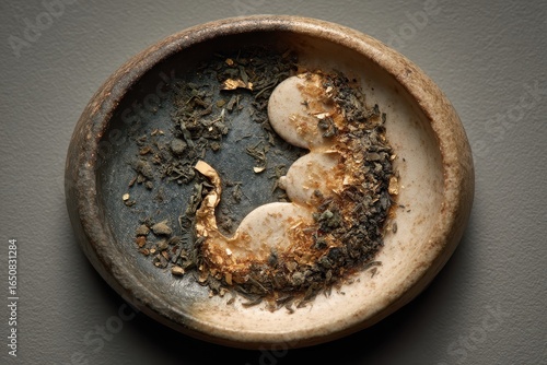 Symbolic Formation of a Fetus Shape in Ashtray with Ashes and Natural Elements