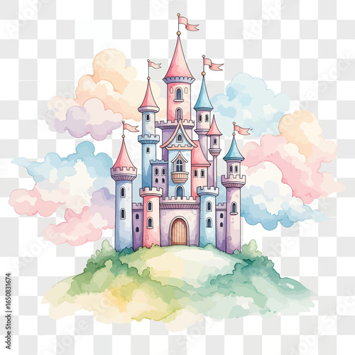 Enchanting watercolor fairytale castle with pink and blue turrets and pastel clouds.