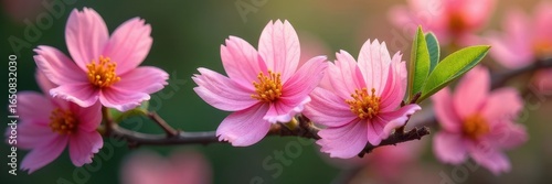 Descriptive pattern of pink acacia flowers with delicate petals and greenery, foliage, trees, fresh
