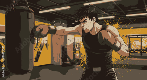 Dynamic vector illustration of a powerful boxer training in a gym, landing a forceful punch on a heavy bag during an intense workout