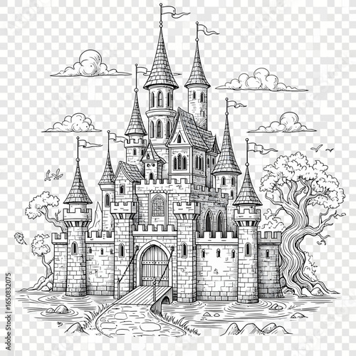 Intricate black and white sketch of a fantasy fairytale castle with towering spires flags and a drawbridge.