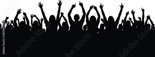 Silhouette crowd cheering, people with raised hands, music concert audience, vector illustration for event, festival, party, celebration, or social gathering design.
